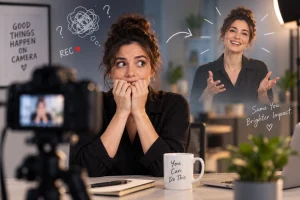 אישה לחוצה מול מצלמת וידאו, ולצידה אותה אישה מדברת למצלמה בביטחון