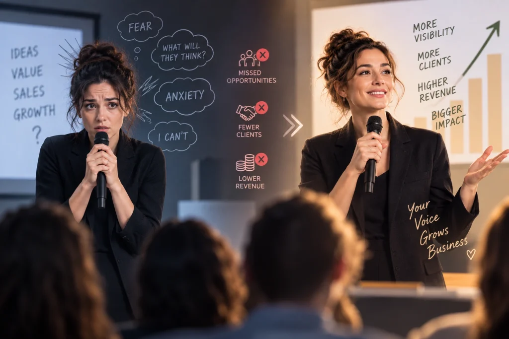 אישה נלחצת על הבמה, ולצידה אותה אישה מדברת מול קהל בביטחון